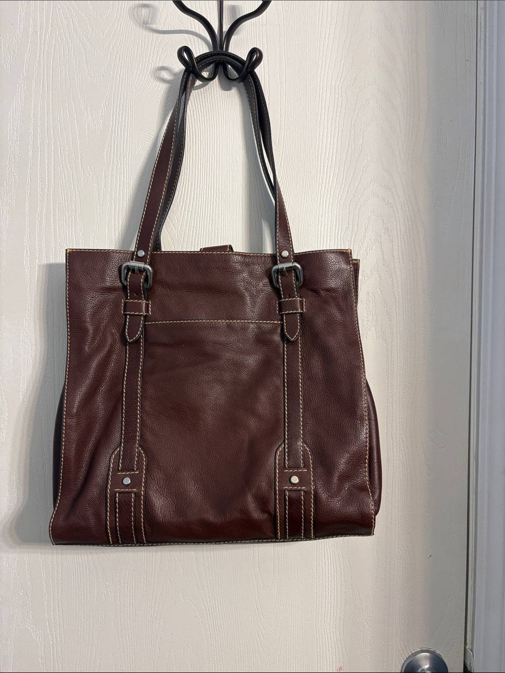 Fossil Dark Brown Leather Tote with Contrast Stitching